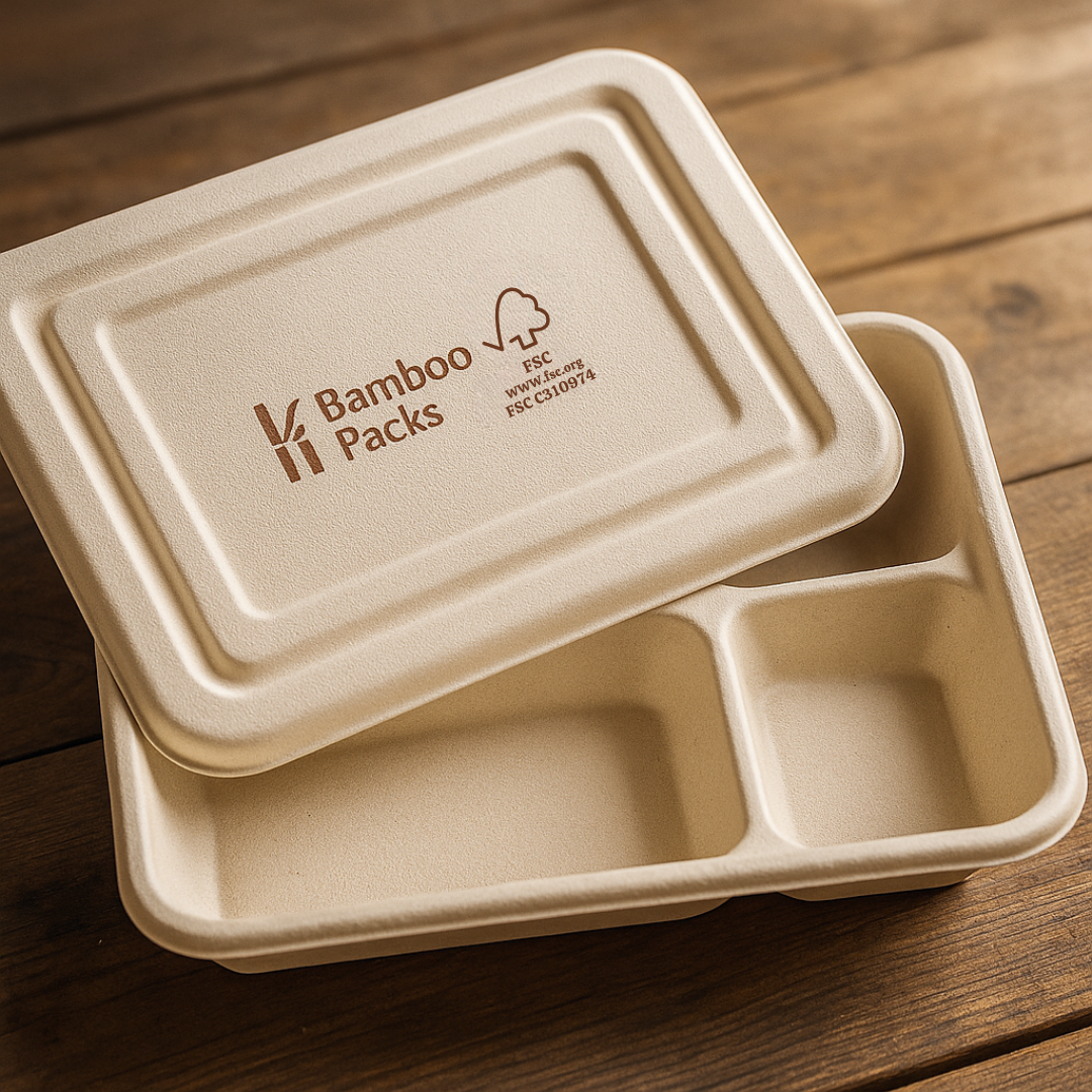 BambooPacks® Snacktray mit Deckel – 3-geteilt, kompostierbar & plastikfrei